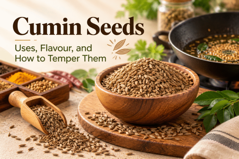 Cumin seeds in a wooden bowl with tempering spices