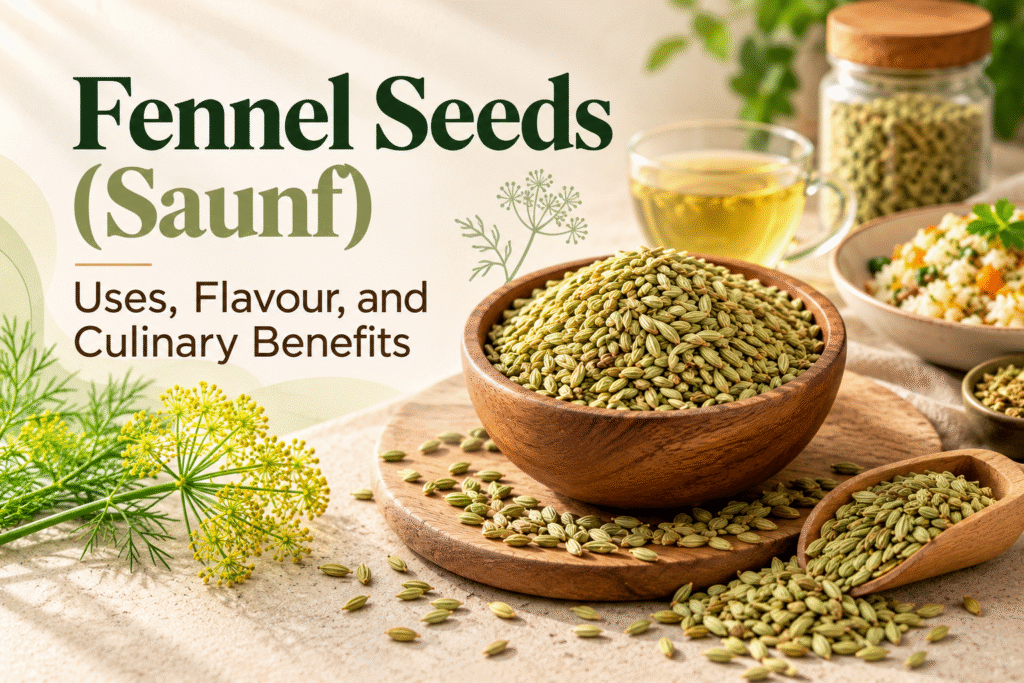 Fennel seeds (saunf) in a wooden bowl